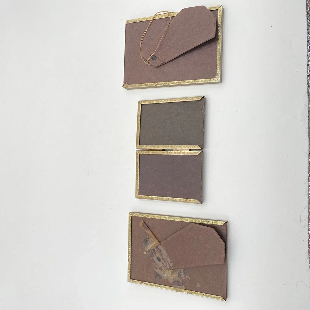 Vintage Gold Metal Picture Frame Set Embossed Diamond 3 Piece Lot Mid Century
